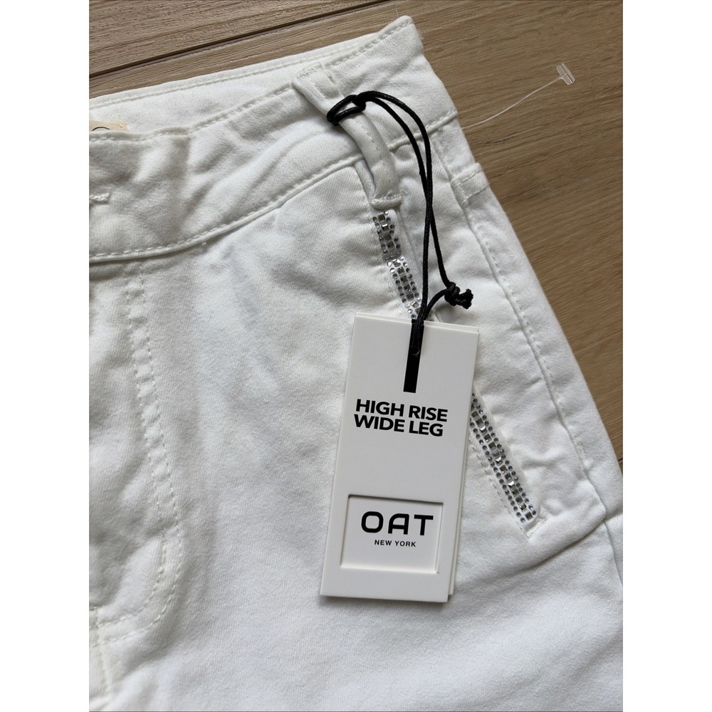 Oat New York Women's High Rise Wide Leg Ankle Jeans Raw Hem White Size 0 Glam - Picture 2 of 11